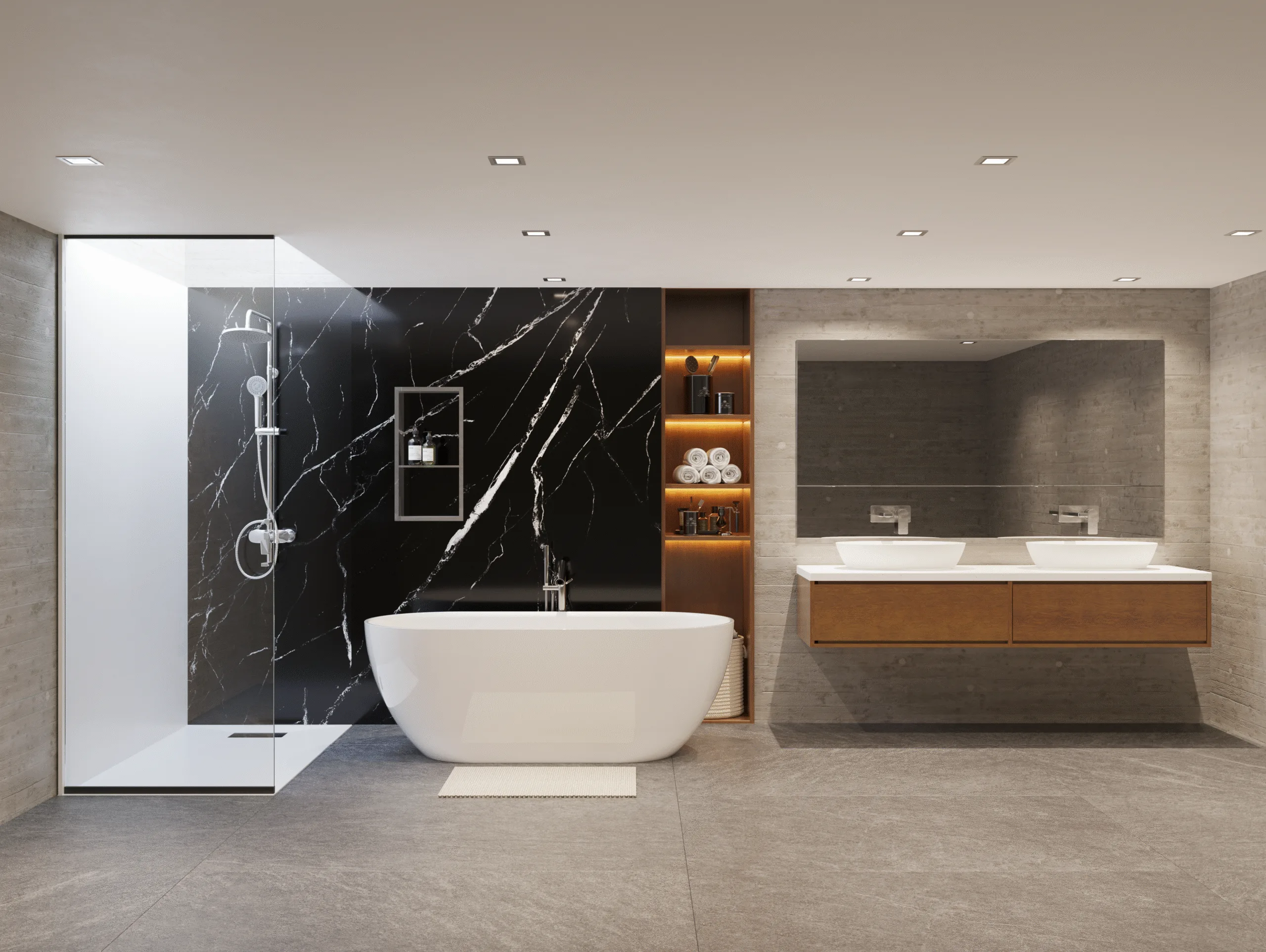 Completed bathroom with a black marble-look shower wall and freestanding tub