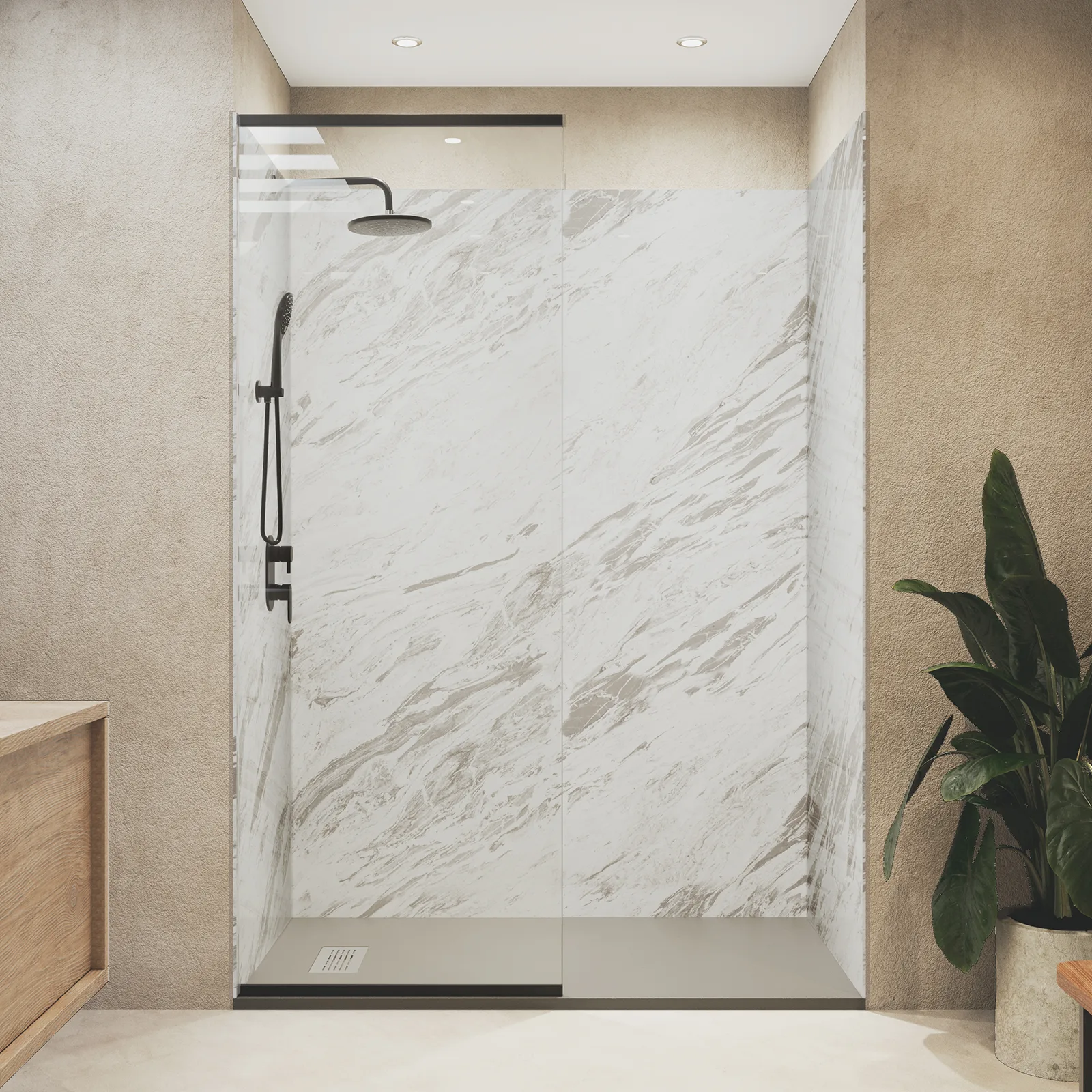 Light marble-look shower wall and base