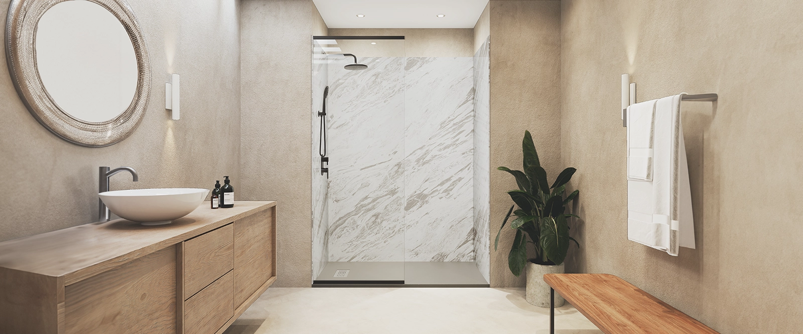 Warm neutral shower wall and base system in a modern bathroom