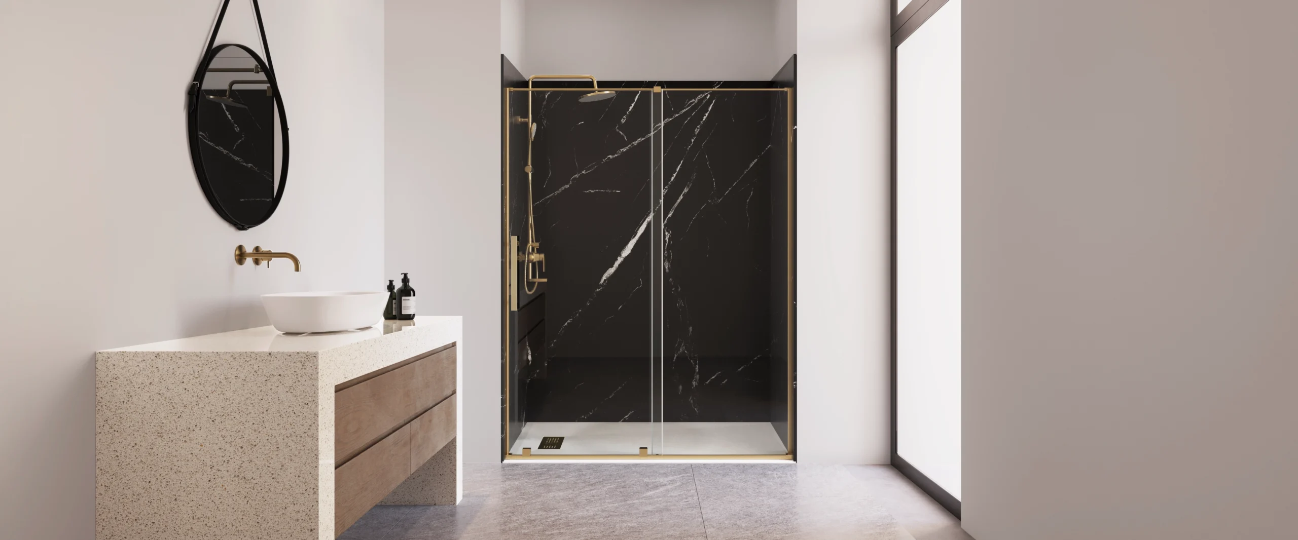 Black marble-look shower wall and base system with brass-toned fixtures